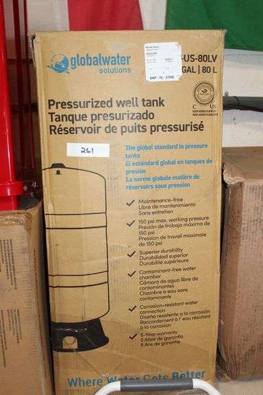 Global Water Solutions Pressureized Well Tank 21.1 Gal Model No. PWN-US-80LV, retails $200