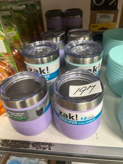 ZAK INSULATED TUMBLERS INCLUDING 11.5OZ & 12OZ ; AND SLIM CAN COOLERS TEAL AND LAVENDER COLORS