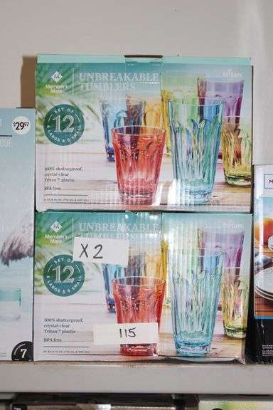 Brand new Members Mark Unbreakable Tumbler Set, Glossy Multi-colored Set made with Tritan Plastic, Each set contains 12 Tumblers, Lot sold by the set