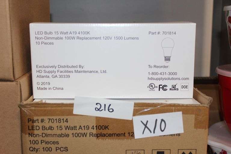Home Depot LED Bulb 15 Watt A19 4100K Non-Dimmable 100W Replacement 120V 500 Lumens, each box comes with 10 bulbs, lot contains 19 boxes, lot is sold by the box
