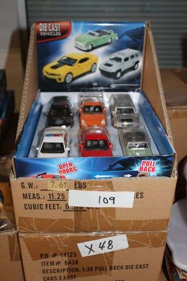 Brand new Excite 1:38 Pull Back Die Cast Car Set, lot contains 8 sets, each set contains 6 cars each, lot is sold BY THE Car.