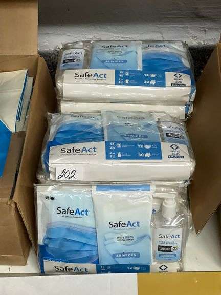 SAFE ACT PERSONAL PROTECTIVE SUPPLIES WITH WIPES, HAND SANITIZER, 3-PLY MASKS AND GLOVES
