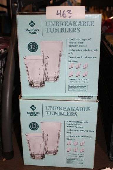 Brand new Members Mark Unbreakable Tumbler Set 12 Cup set, clear color, lot is sold by the set, retails at $40 each