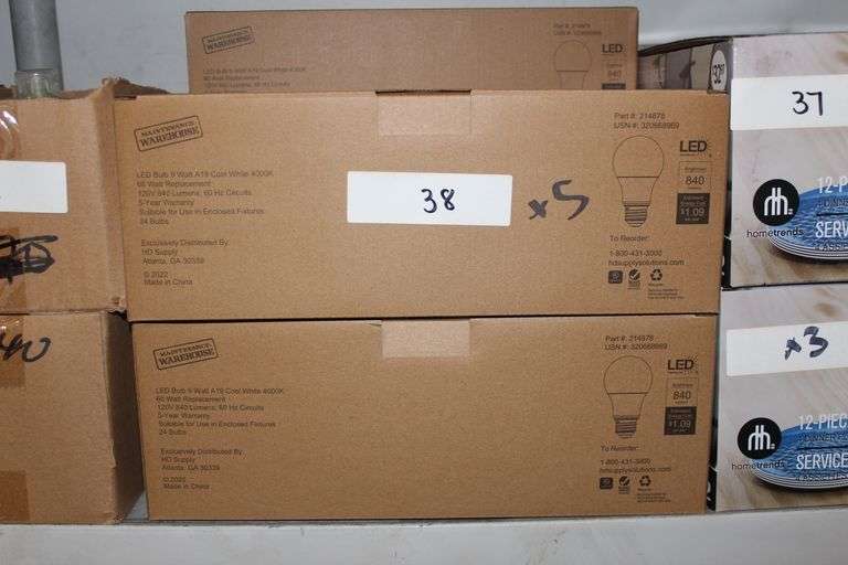 Brand new Maintenance Warehouse LED Bulb 9 Watt A19 Cool White 4000K, 60 Watt Replacement, Lot sold in 5 Cases, Each case comes with 24 Bulbs