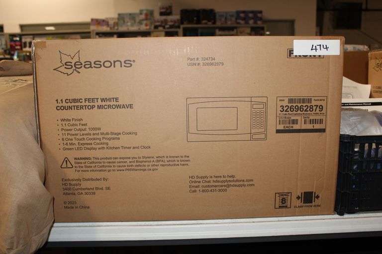Brand new Seasons 1.1 Cubic Feet White Countertop Microwave, 1000W, Part no. 324734, retails $125 each