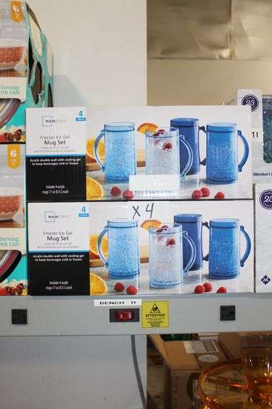 Brand new Mainstays Freezer Gel Mug Set, Comes with 4 Acrylic Mugs 17 oz per case, Acrylic Double Wall with Cooling Gel to keep beverages cold or frozen