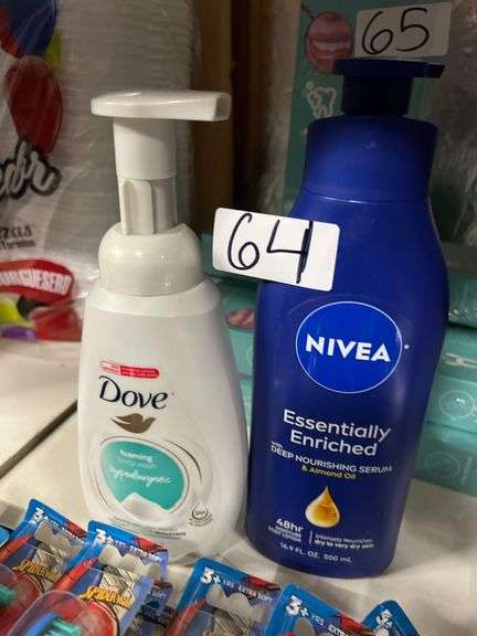 NIVEA ESSENTIALLY ENRICHED BODY LOTION 16.9FL OZ AND DOVE HYPOALLERGENIC FOAMING BODY WASH 13.5FL OZ