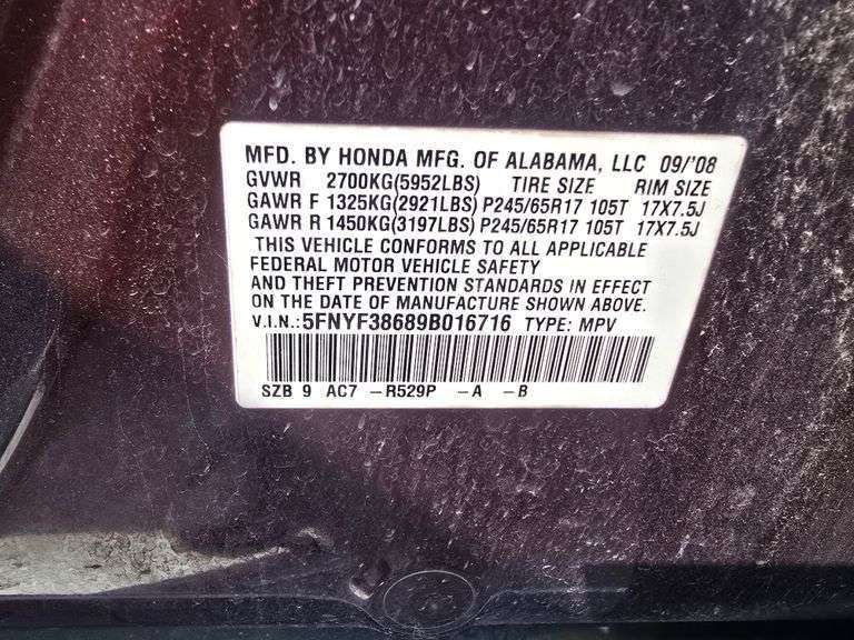 2009 HONDA PILOT VIN# 5FNYF38689B016716 !! UPDATE !! HAS KEY Form VTR-265-VSF SEE DESCRIPTION