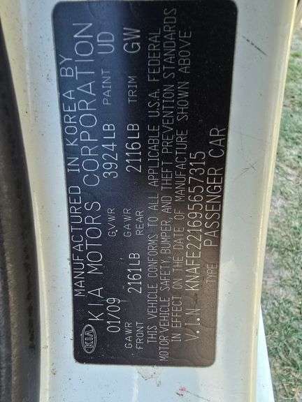 2009 KIA SECTRA VIN# KNAFE221695657315 HAS KEY HAS TITLE SEE DESCRIPTION