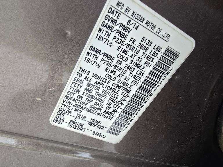 2014 NISSAN MURANO VIN# JN8AZ1MU5EW416437 HAS KEY HAS TITLE RUNS AN DRIVES SEE DESCRIPTION