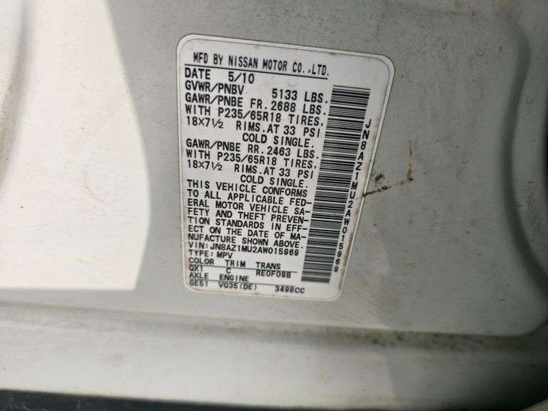 2010 NISSAN MURANO VIN# JN8AZ1MU2AW015969 HAS KEY HAS TITLE RUNS AN DRIVES SEE DESCRIPTION