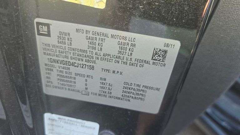 2012 CHEVY TREVERSE VIN# 1GNKVGED4CJ127158 NO KEY HAS TITLE SEE DESCRIPTION