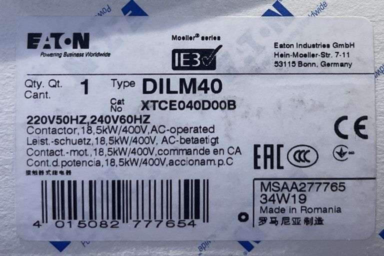 NEW - Eaton DILM40 XTCE040D00B IEC Contactor w/ Auxiliary Switch 40A 220V 50 Hz 240V 60Hz 3P