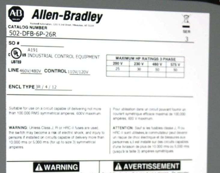 NEW - Allen-Bradley 502-DFB-6P-26R Combination Strtr Disconnect 90A 460V NEMA 3R/4/12 Fusible