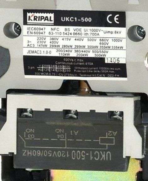 NEW - Kripal UKC1-500-3-120 Contactor 500A 600V 3P Coil: 120V