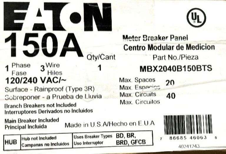 NEW - Eaton MBX2040B150BTS Residential Meter Breaker 150A 120/240V 1PH 22kA NEMA 3R 4-Jaw