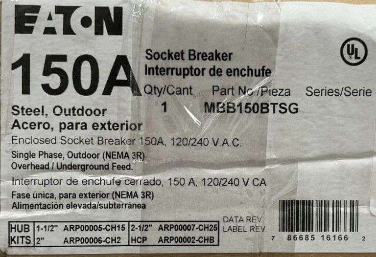 NEW - Eaton MBB150BTSG Residential Meter Breaker 150A 120/240V 22kA 4-Jaw 1PH NEMA 3R