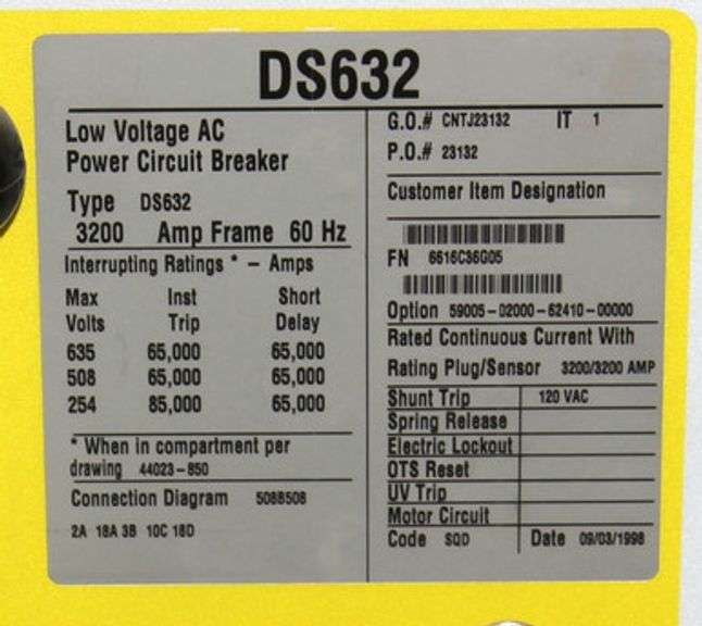 USED - Square D DS632 Low Voltage AC Power Circuit Breaker - 3200A 600V 3P 60 Hz Shunt Trip: 120 VAC