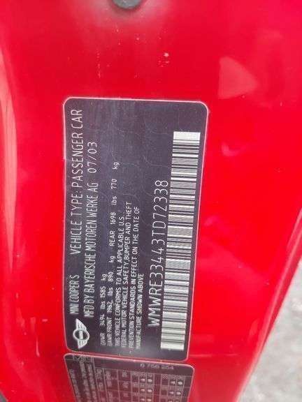 2003 Mini Cooper S VIN# WMWRE33443TD7233 HAS KEY HAS TITLE RUNS AN DRIIVES SEE DESCRIPTION