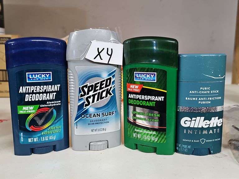 MEN'S SCENTED PRODUCTS INCLUDING GILLETTE INTIMATE PUBIC ANTI-CHAFE STICK; SPEED STICK OCEAN SURF DEODORANT, AND LUCKY FOR MEN ANTIPERSPIRANT DEODORANT