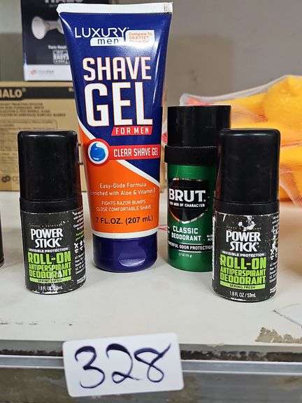 MEN'S SCENTED PRODUCTS INCLUDING LUXURY MEN SHAVE GEL 7 FL OZ; POWER STICK ROLL ON ANTIPERSPIRANT DEODORANT 1.8FL OZ & BRUT CLASSIC DEODORANT 1.7OZ