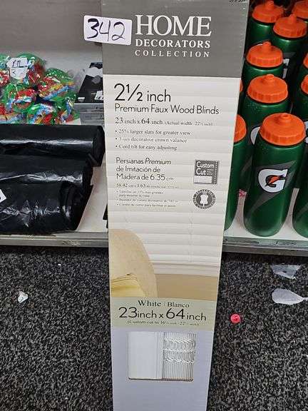 HOME DECORATORS COLLECTION 2.5" PREMIUM FAUX WOOD BLINDS 23" x 64"  WHITE COLOR, CAN BE CUSTOM CUT, 379-537