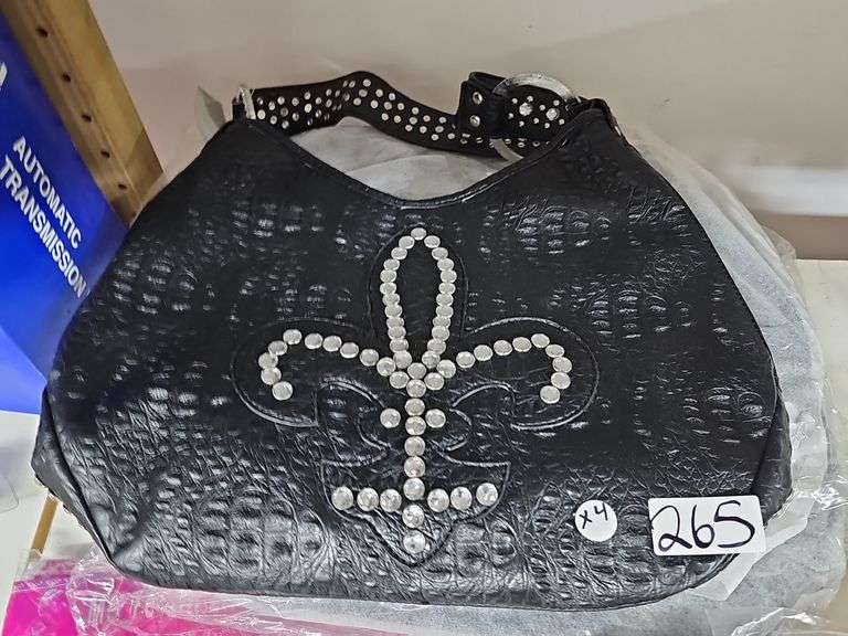 NEW WOMEN'S DECORATIVE PURSE WITH BEDAZZLED FLEUR DE LEAF #9908 BLACK