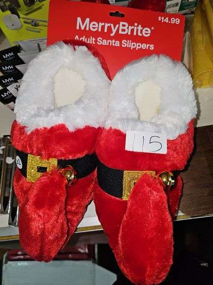MERRY BRITE ADULT SANTA SLIPPERS WITH JINGLE BELL SIZE MEDIUM (7-8)