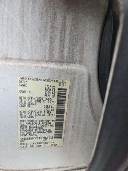 2012 NISSAN PATHFINDER NO KEY HAS VSF PACK