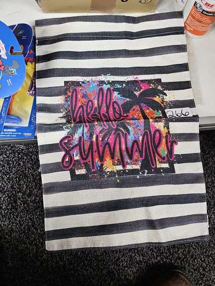 "HELLO SUMMER" HEAVY DUTY OUTDOOR FLAG WITH TOP OPENING ROD SLEEVE APROX 12.5"x18"