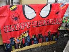 SPIDERMAN THEMED HAPPY BIRTHDAY WALL BANNER WITH GLUE DOTS INCLD. APROX 6'x4'