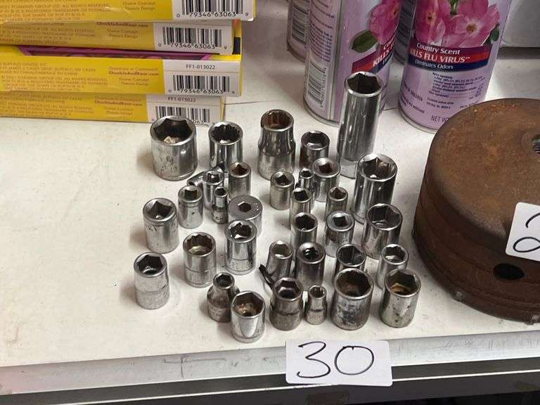 METRIC AND STANDARD SOCKETS WITH VARIOUS DRIVE SIZES BRANDS INCLUDE CRAFTSMAN, GREAT NECK, HUSKY ETC.