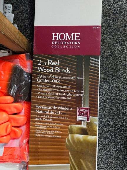 HOME DECORATORS COLLECTION 2" REAL WOOD BLINDS 59"x64" GOLDEN OAK, CAN BE CUSTOM CUT, 643957
