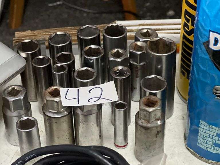 METRIC AND STANDARD DEEP SOCKETS WITH VARIOUS DRIVE SIZES BRANDS INCLUDE CRAFTSMAN, GOOD WRENCH ETC.