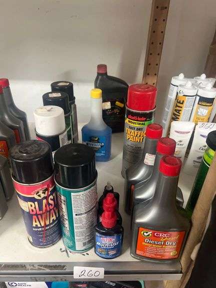 WIDE ARRAY OF CHEMICALS INCLUDING KRYLON INDUSTRIAL ECO-GUARD LATEX ENAMEL GLOSS WHITE SPRAY ; BLAST AWAY PENETRATING OIL, WINDSHIELD WASHER CLEANER & ANTIFREEZE CONCENTRATE ECT