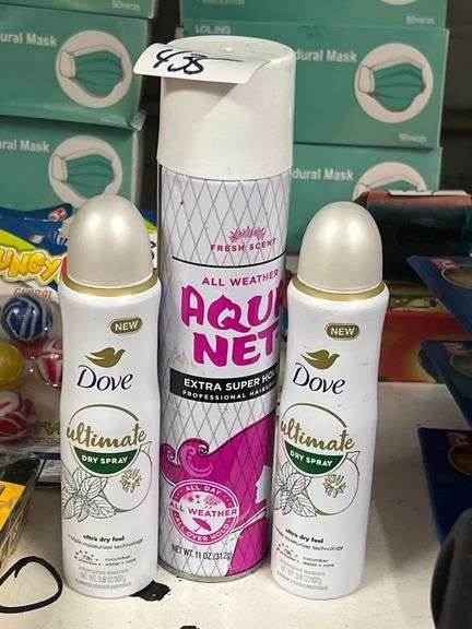 DOVE ULTIMATE DRY SPRAY ANTIPERSPIRANT DEODORANT 3.8OZ CUCUMBER WATER + MINT SCENT ; AND AQUA NET EXTRA SUPER HOLD PROFESSIONAL HAIR SPRAY 11OZ