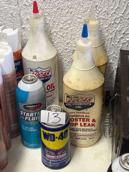 VARIOUS AUTOMOTIVE OIL, INCLUDING LUCAS HYDRAULIC OIL, WD40, JOHNSON'S STARTING FLUID, ETC.