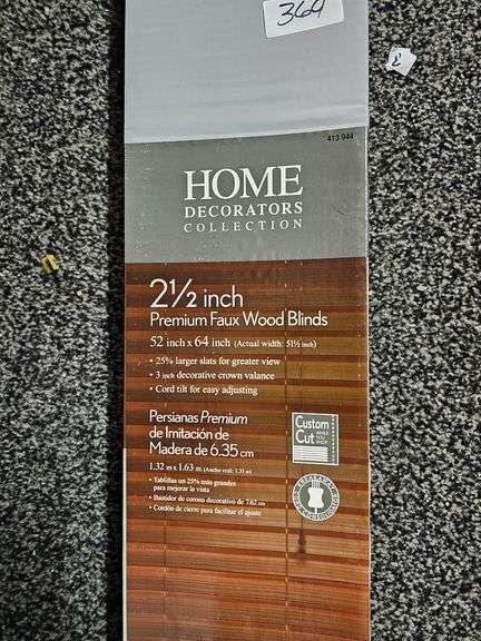 HOME DECORATORS COLLECTION 2.5" PREMIUM FAUX WOOD BLINDS 52" X 64" MAPLE COLOR, CAN BE CUSTOM CUT, 413-944