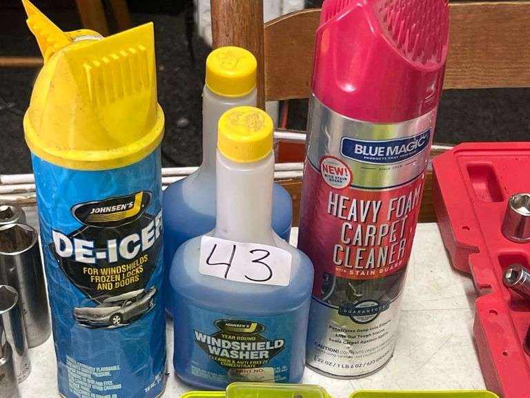AUTOMOTIVE CHEMICALS INCLUDING BLUE MAGIC HEAVY FOAM CARPET CLEANER, JOHNSON'S YEAR ROUND WINDSHIELD WASHER CONCENTRATE, AND DE ICER FOR WINDOW SHIELDS AND DOORS
