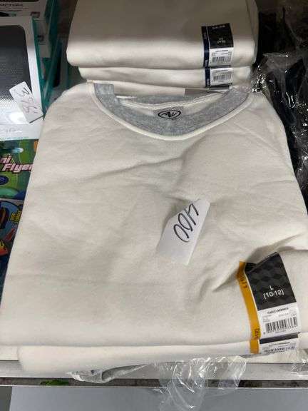 ATHLETIC WORKS KIDS FLEECE CREWNECK SWEATSHIRT IN WHITE AND GREY COLOR, SIZE LARGE (10-12) ALL NEW WITH TAGS RETAIL $7 EA.