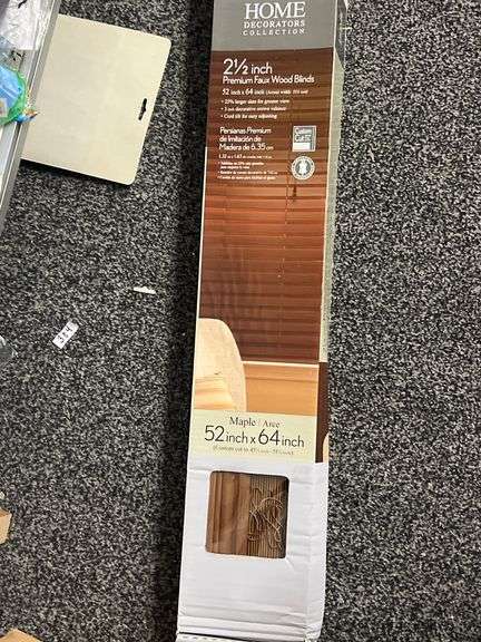 HOME DECORATORS COLLECTION 2.5" PREMIUM FAUX WOOD BLINDS 52" X 64" MAPLE COLOR, CAN BE CUSTOM CUT, 413-944