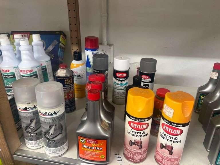 WIDE ARRAY OF CHEMICALS INCLUDING KRYLON FARM & IMPLEMENT 12OZ SPRAY PAINT, CRC DIESEL DRY WATER REMOVER, DUPONT CHAIN SAVE, KRYLON INDUSTRIAL IRON GUARD ECT
