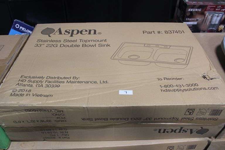 Aspen Stainless Steel Top mount 33" 22G Double Bowl Sink Pn 837451  33"W X 22"L X 6"D