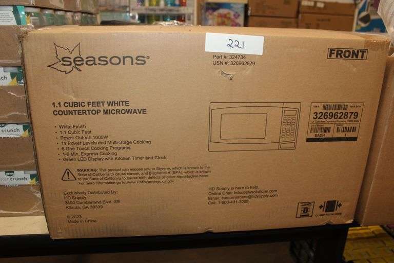 Seasons 1.1Cu.Ft. White Countertop Microwave 1000W Pn 324734