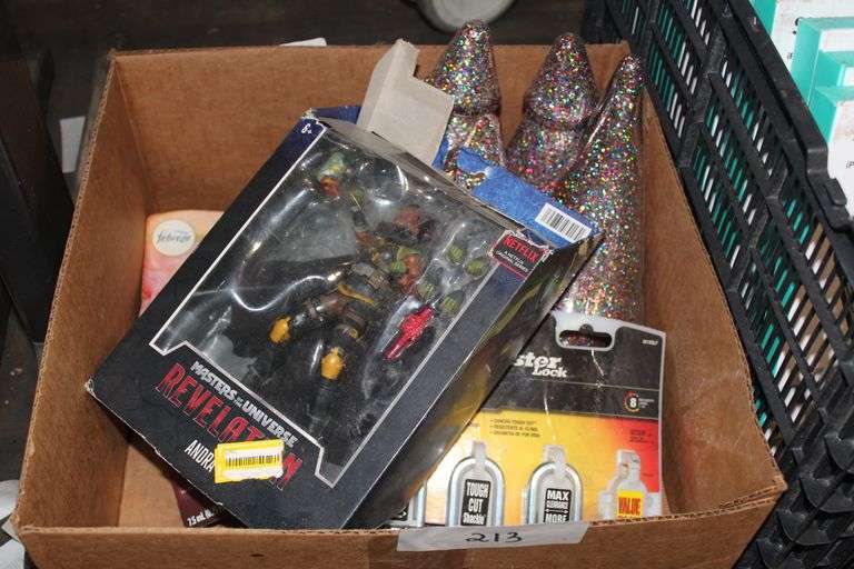 Home Goods Including 3Pk Master Lock, Febreeze Refills, Masterverse Action Figure And Glass Christmas Trees