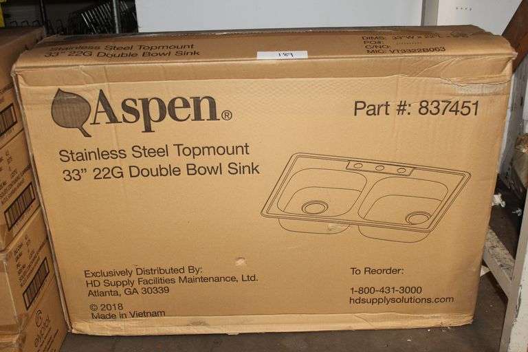 Brand new Aspen Stainless Steel Topmount 33" 22G Double Bowl Sink Pn 837451  33"W X 22"L X 6"D