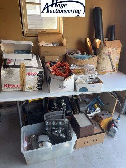 Cupcake pans,meat grinders ￼, roaster pan,electric drop cord, speakers, slice o matic,fishing reels-