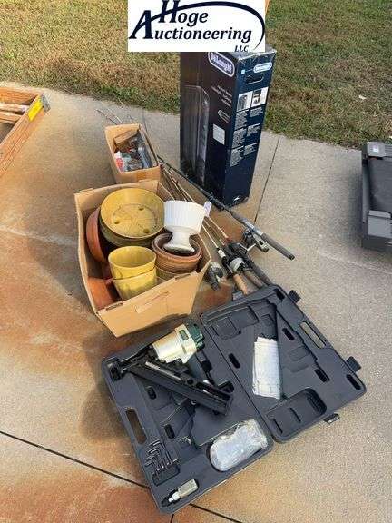 Fishing poles, planters, tacklebox, heater, nailer