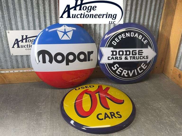 MONEY X3--ROUND TIN SIGNS 15.5", MOPAR, DODGE, OK USED CARS