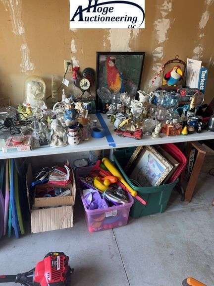 Glassware, misc toys, tote with pictures, roaster click, contents of top and under table